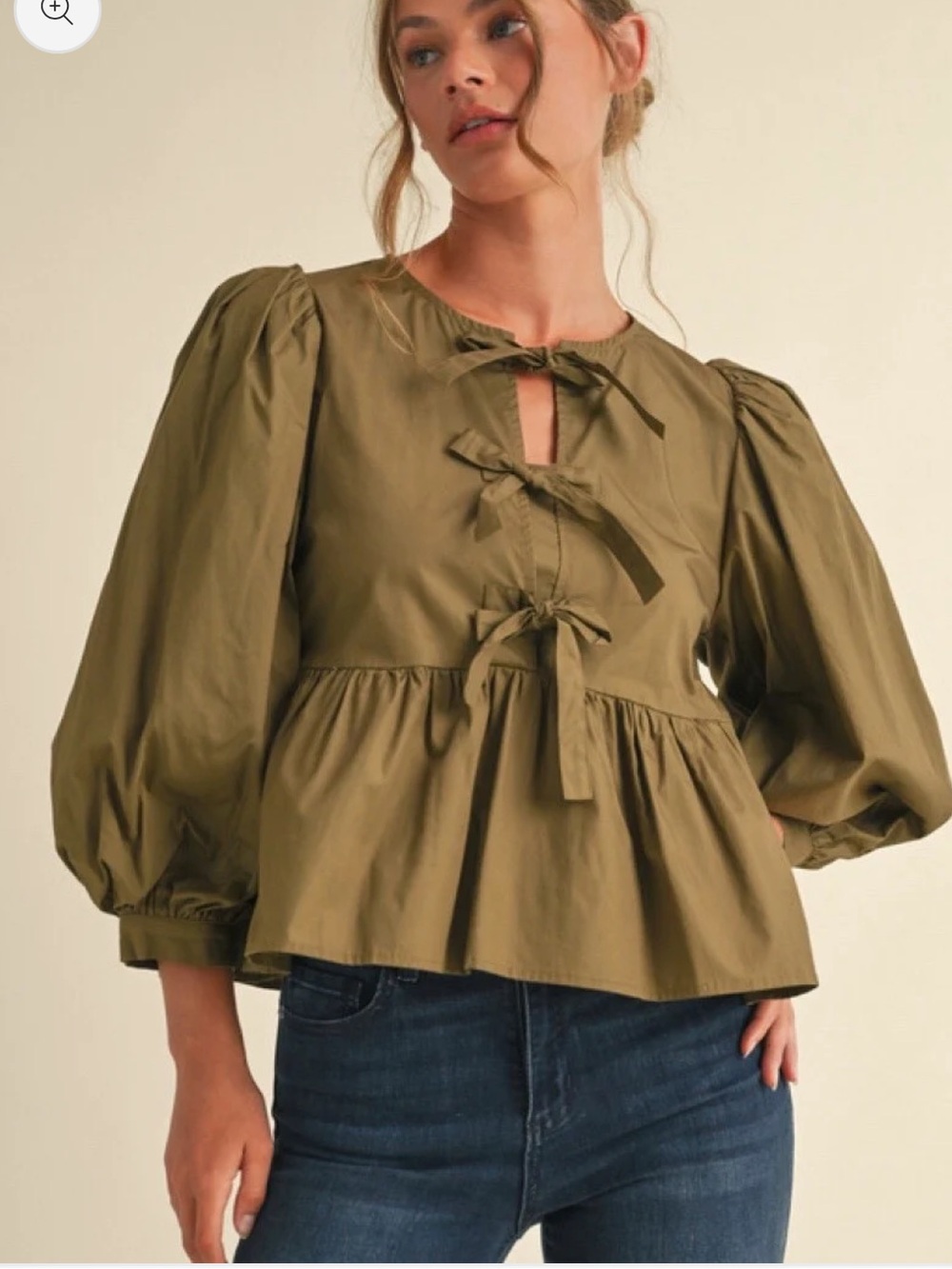 Jodifl Bow Ties Peplum Top with Balloon Sleeve - Olive